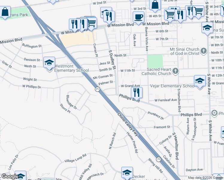 map of restaurants, bars, coffee shops, grocery stores, and more near 1530 West Grand Avenue in Pomona