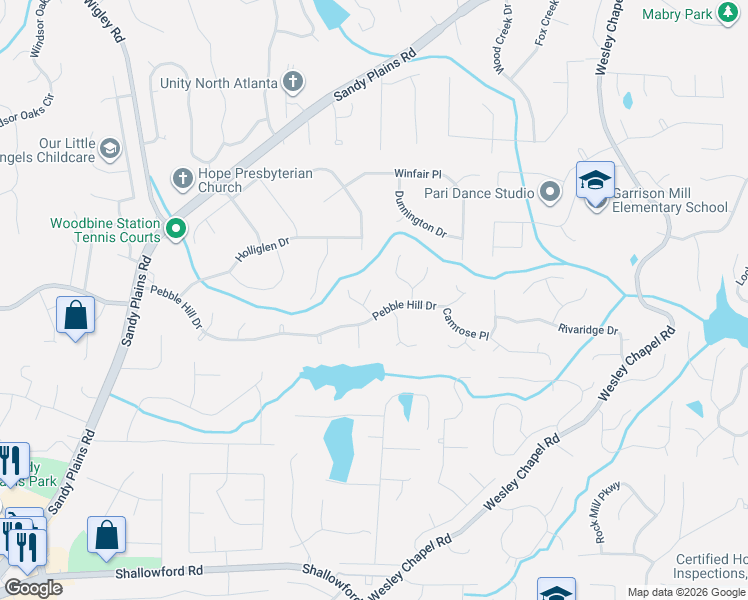 map of restaurants, bars, coffee shops, grocery stores, and more near 4034 Whetstone Court in Marietta