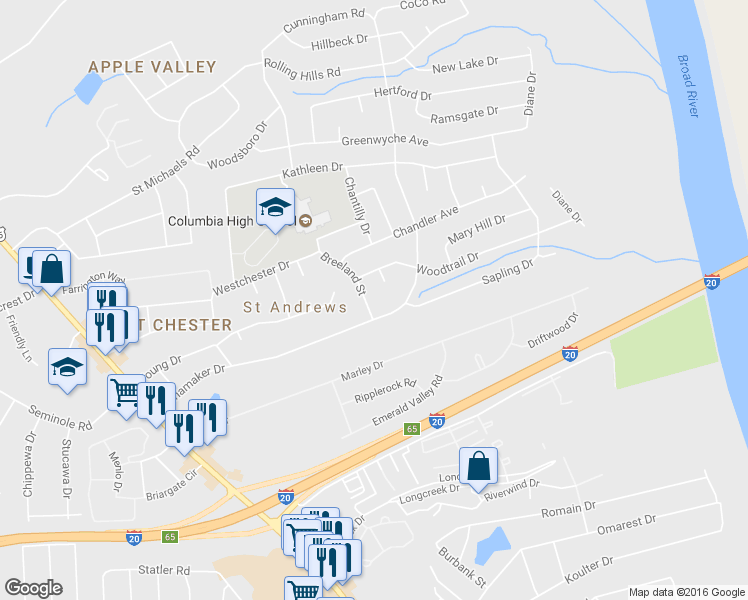 map of restaurants, bars, coffee shops, grocery stores, and more near 1604 Breeland Street in Columbia