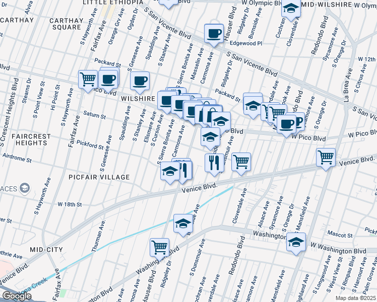 map of restaurants, bars, coffee shops, grocery stores, and more near 1511 1/2 Hauser Boulevard in Los Angeles