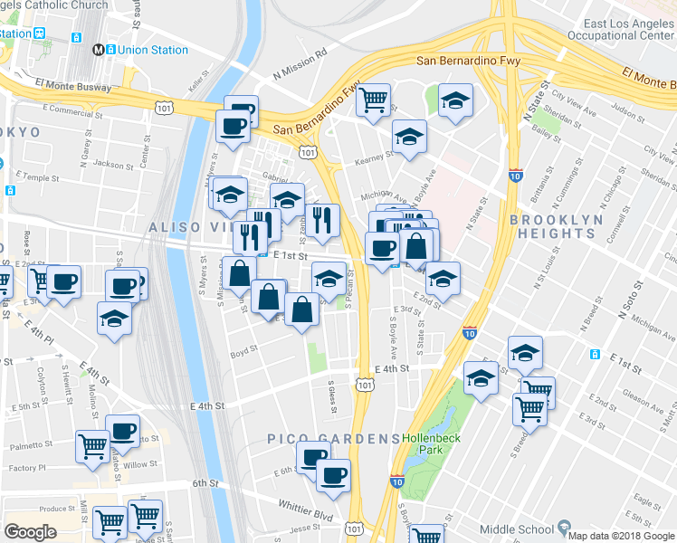 map of restaurants, bars, coffee shops, grocery stores, and more near 127 South Pecan Street in Los Angeles