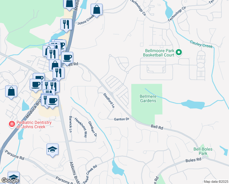 map of restaurants, bars, coffee shops, grocery stores, and more near 10880 Bell Road in Johns Creek