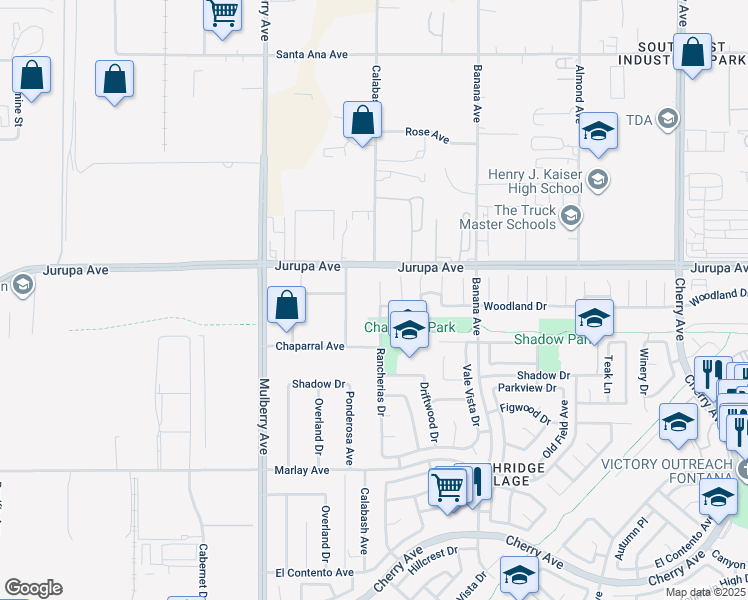 map of restaurants, bars, coffee shops, grocery stores, and more near 11322 Rancherias Drive in Fontana