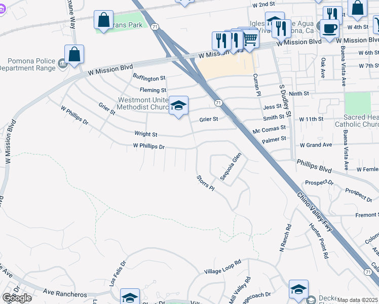 map of restaurants, bars, coffee shops, grocery stores, and more near 1102 Verona Place in Pomona