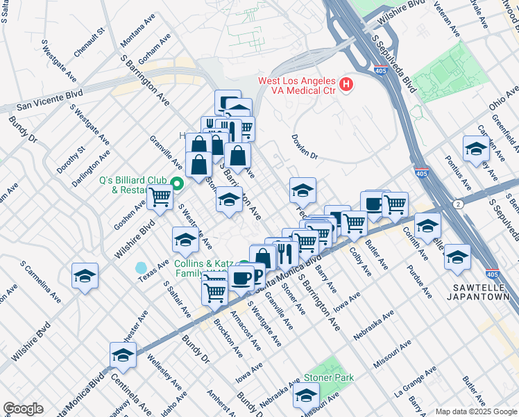 map of restaurants, bars, coffee shops, grocery stores, and more near 2 South Barrington Avenue in Los Angeles