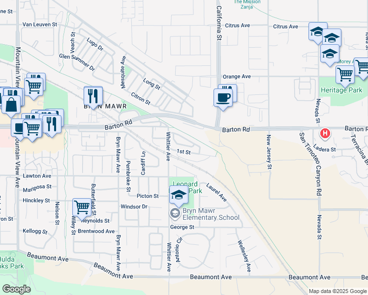 map of restaurants, bars, coffee shops, grocery stores, and more near 26377 Delgado Avenue in Loma Linda