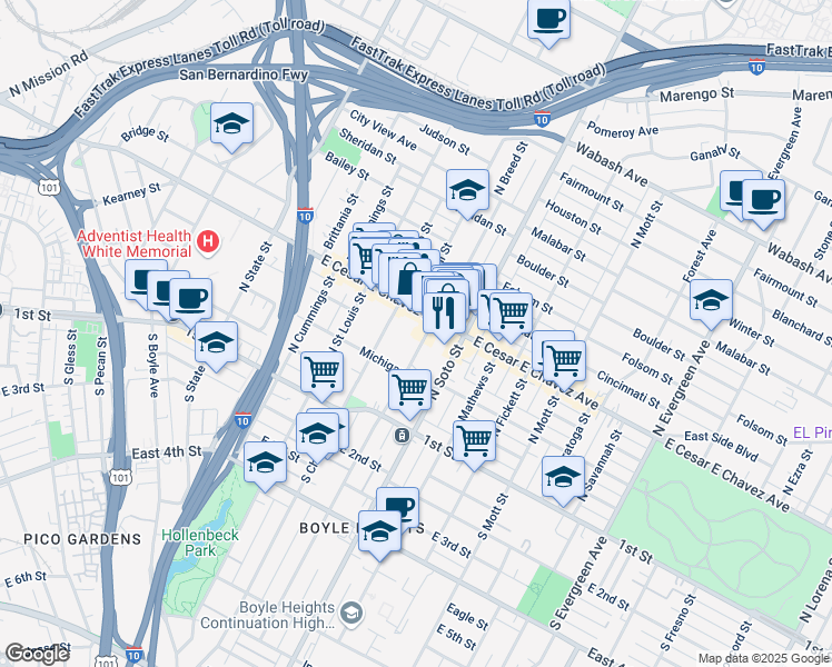 map of restaurants, bars, coffee shops, grocery stores, and more near 247 North Breed Street in Los Angeles