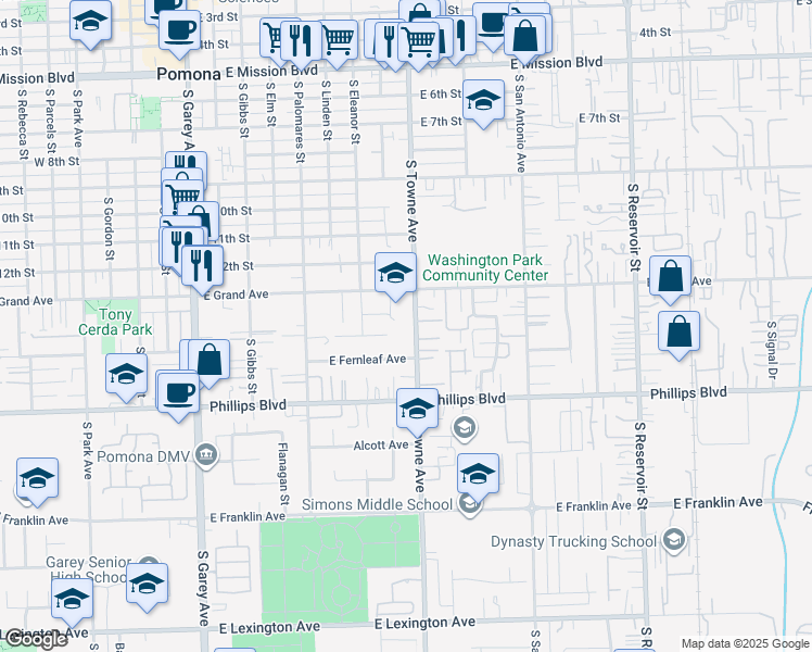 map of restaurants, bars, coffee shops, grocery stores, and more near 1367 South Towne Avenue in Pomona