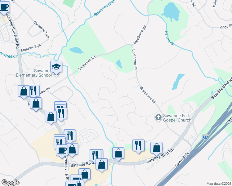map of restaurants, bars, coffee shops, grocery stores, and more near 3645 Ansley Park Drive in Suwanee