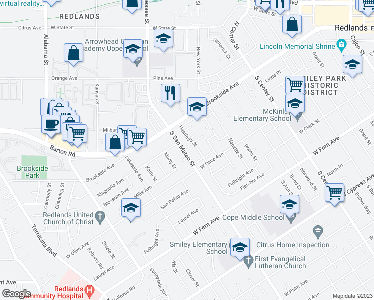 map of restaurants, bars, coffee shops, grocery stores, and more near 123 South San Mateo Street in Redlands