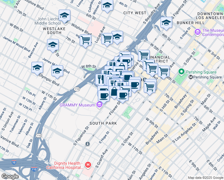 map of restaurants, bars, coffee shops, grocery stores, and more near 865 South Figueroa Street in Los Angeles