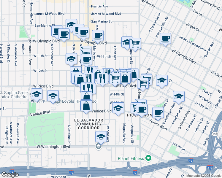 map of restaurants, bars, coffee shops, grocery stores, and more near 2368 West Pico Boulevard in Los Angeles