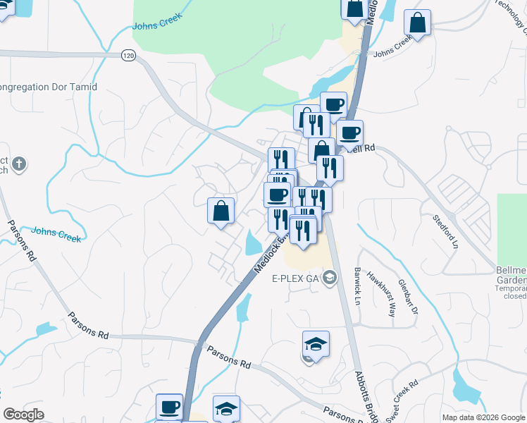 map of restaurants, bars, coffee shops, grocery stores, and more near 6175 Deluna Way in Duluth