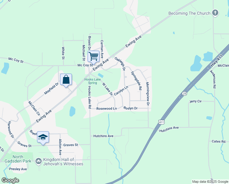 map of restaurants, bars, coffee shops, grocery stores, and more near 200 Carolyn Lane in Gadsden