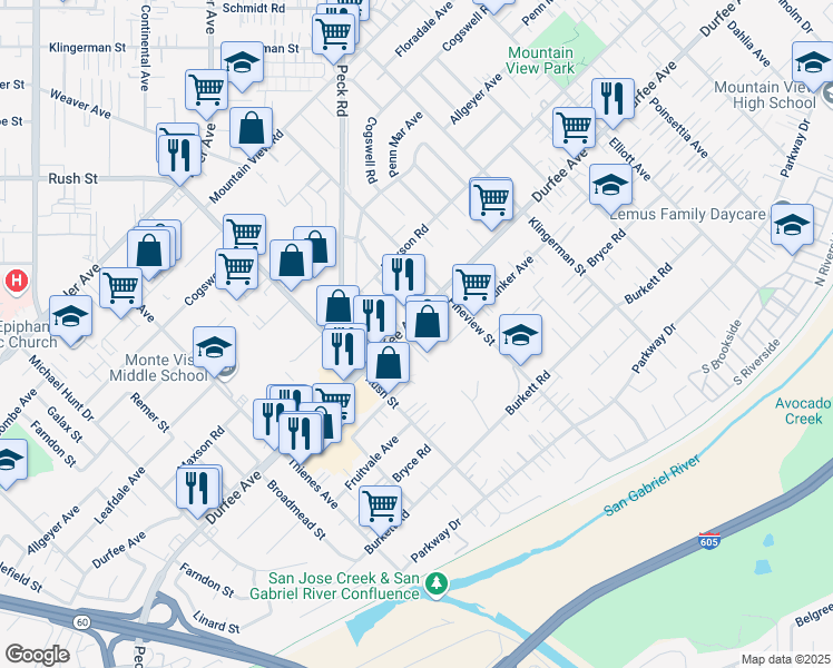 map of restaurants, bars, coffee shops, grocery stores, and more near 12121 Barringer Street in South El Monte