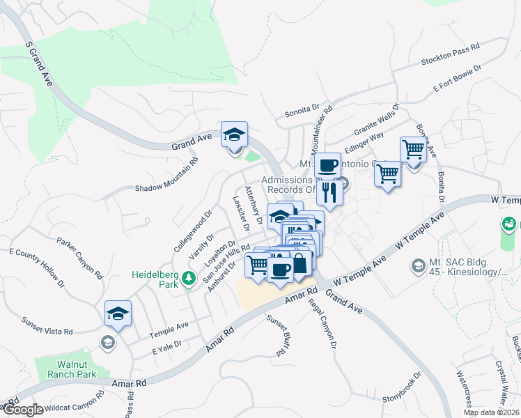 map of restaurants, bars, coffee shops, grocery stores, and more near 1442 Atterbury Drive in Walnut