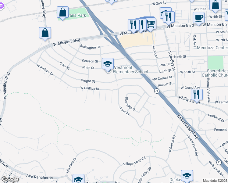 map of restaurants, bars, coffee shops, grocery stores, and more near 1102 Verona Place in Pomona
