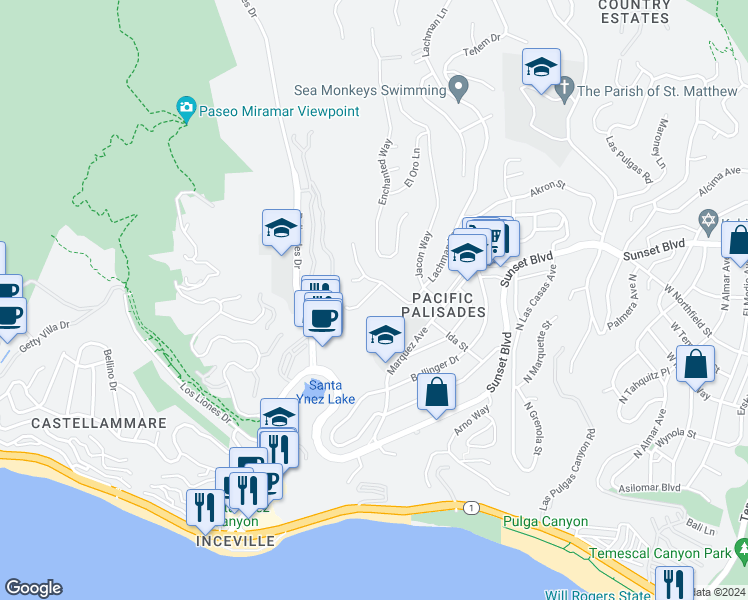 map of restaurants, bars, coffee shops, grocery stores, and more near 16916 Dulce Ynez Lane in Los Angeles