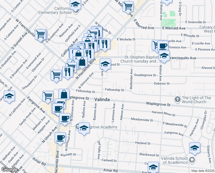 map of restaurants, bars, coffee shops, grocery stores, and more near 15723 Fellowship Street in La Puente