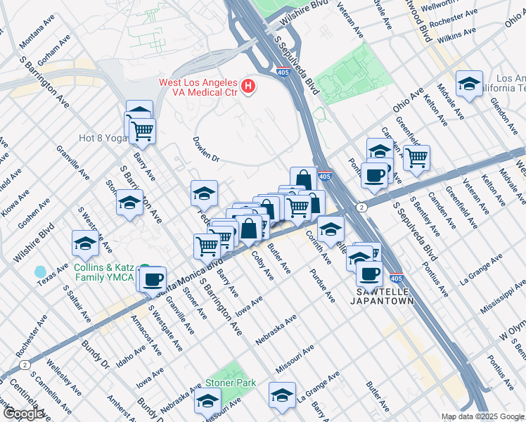 map of restaurants, bars, coffee shops, grocery stores, and more near 1505 Purdue Avenue in Los Angeles
