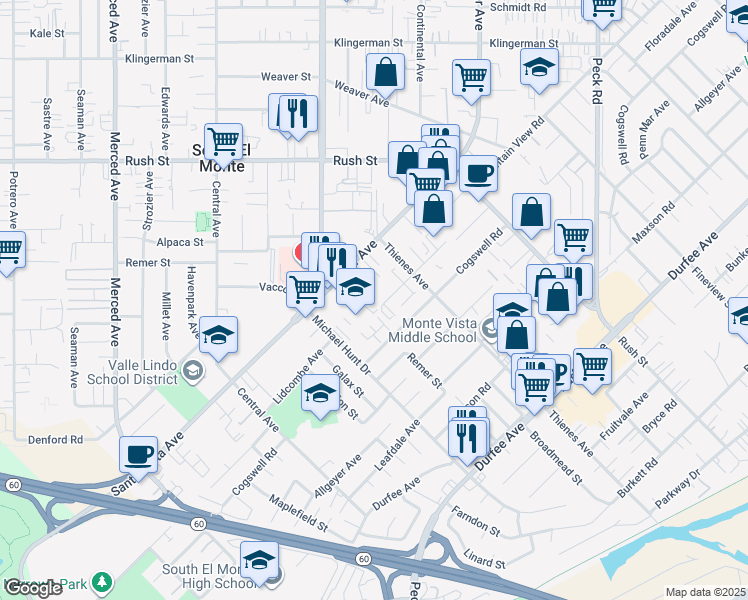 map of restaurants, bars, coffee shops, grocery stores, and more near 1719 Floradale Avenue in South El Monte