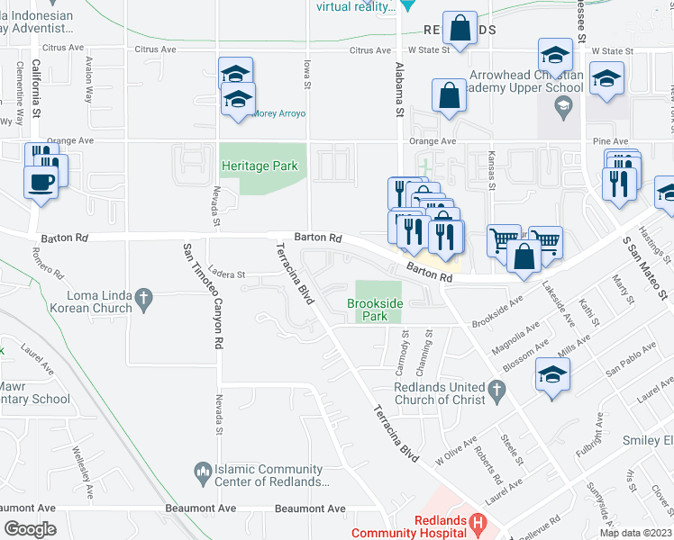 map of restaurants, bars, coffee shops, grocery stores, and more near 27208 Barton Road in Redlands