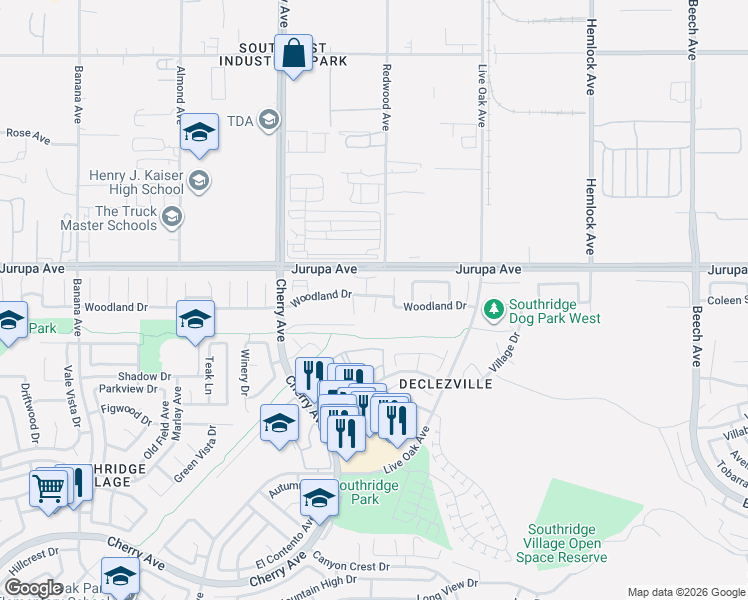 map of restaurants, bars, coffee shops, grocery stores, and more near 11320 Redwood Court in Fontana