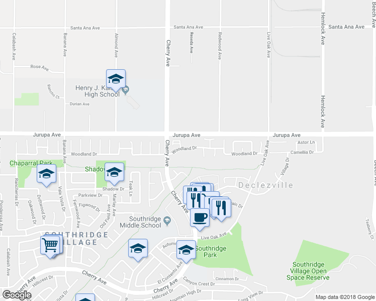 map of restaurants, bars, coffee shops, grocery stores, and more near 14515 Woodland Drive in Fontana