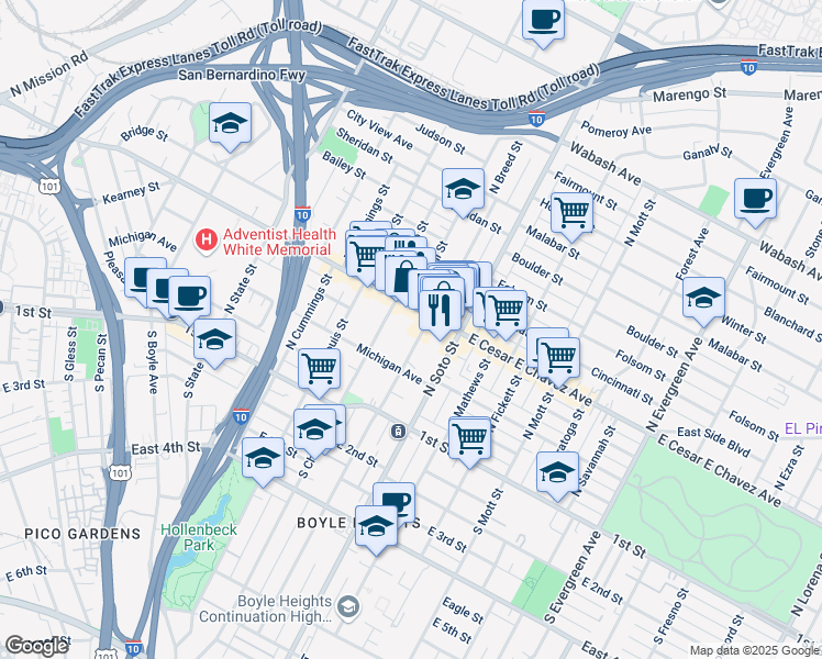 map of restaurants, bars, coffee shops, grocery stores, and more near 2300 East Cesar E Chavez Avenue in Los Angeles