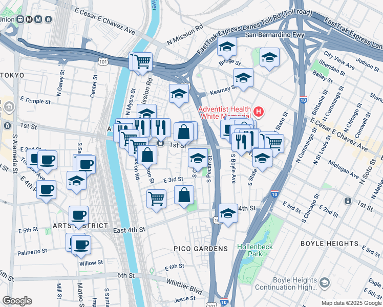 map of restaurants, bars, coffee shops, grocery stores, and more near 114 South Clarence Street in Los Angeles