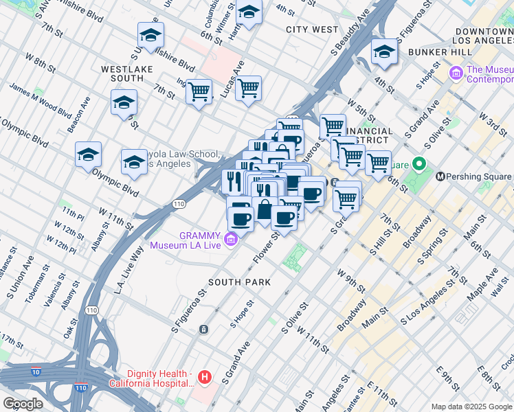 map of restaurants, bars, coffee shops, grocery stores, and more near 865 South Figueroa Street in Los Angeles