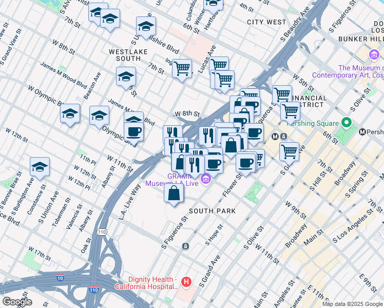 map of restaurants, bars, coffee shops, grocery stores, and more near 916 Georgia Street in Los Angeles