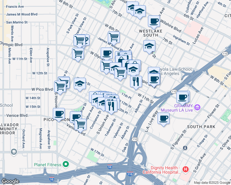 map of restaurants, bars, coffee shops, grocery stores, and more near 1622 West 11th Place in Los Angeles