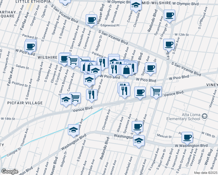 map of restaurants, bars, coffee shops, grocery stores, and more near 1442 South Cochran Avenue in Los Angeles