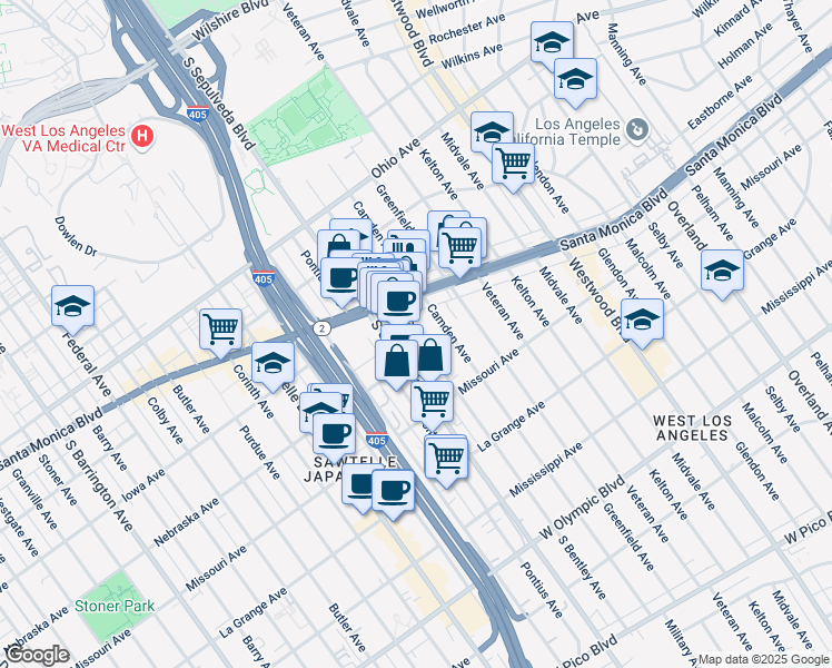 map of restaurants, bars, coffee shops, grocery stores, and more near 1727 South Bentley Avenue in Los Angeles