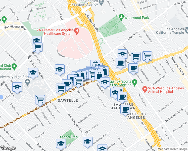 map of restaurants, bars, coffee shops, grocery stores, and more near 1527 Corinth Avenue in Los Angeles