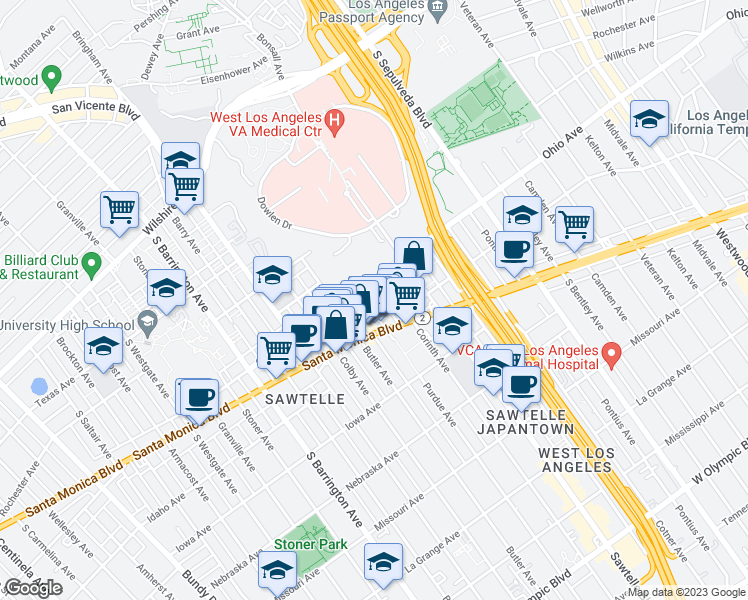 map of restaurants, bars, coffee shops, grocery stores, and more near 1505 Purdue Avenue in Los Angeles