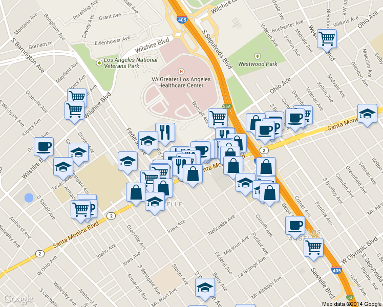 map of restaurants, bars, coffee shops, grocery stores, and more near 1505 Purdue Avenue in Los Angeles