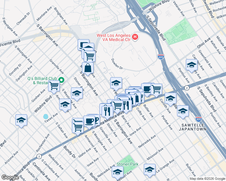 map of restaurants, bars, coffee shops, grocery stores, and more near 11600 Rochester Avenue in Los Angeles