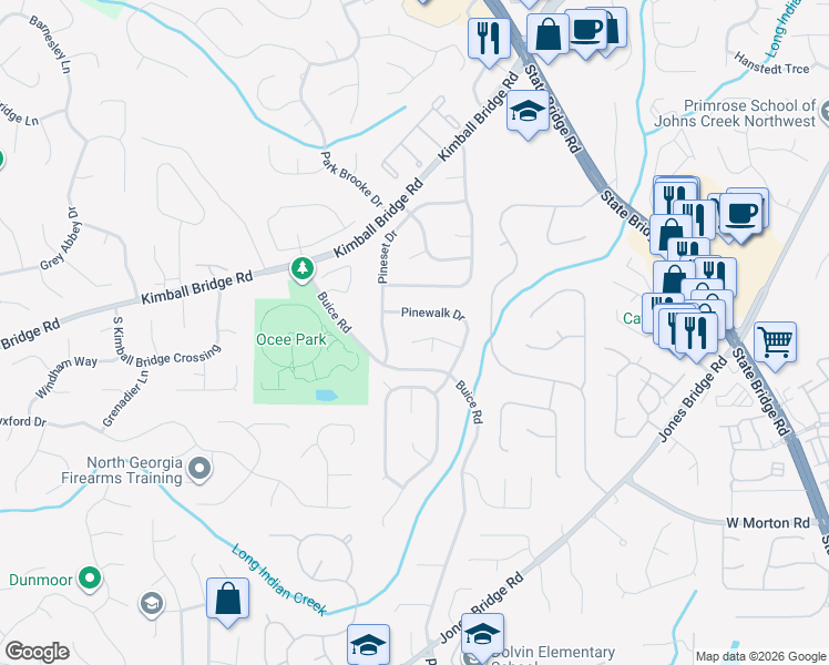map of restaurants, bars, coffee shops, grocery stores, and more near 275 Pinewalk Way in Alpharetta