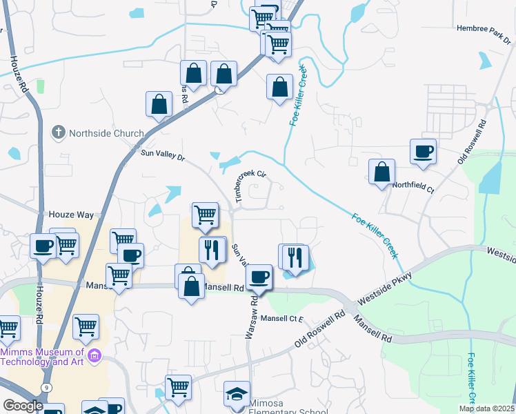 map of restaurants, bars, coffee shops, grocery stores, and more near 2503 Timbercreek Circle in Roswell
