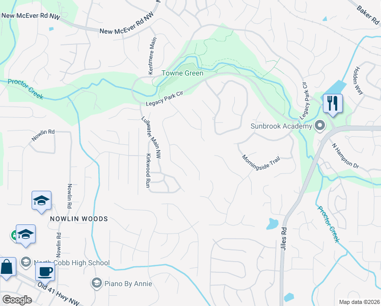 map of restaurants, bars, coffee shops, grocery stores, and more near 3848 Princeton Oaks in Kennesaw