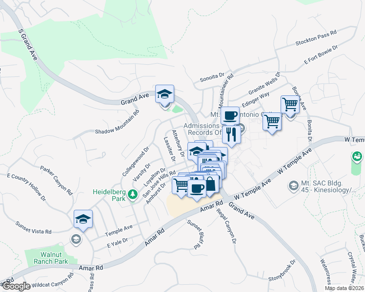 map of restaurants, bars, coffee shops, grocery stores, and more near 1442 Atterbury Drive in Walnut