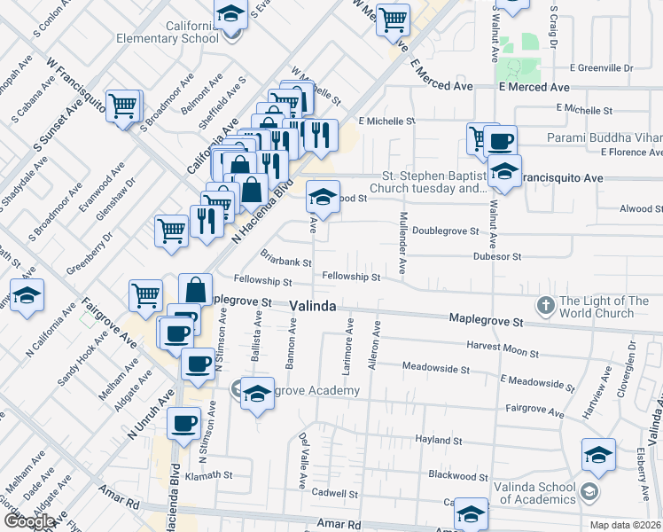 map of restaurants, bars, coffee shops, grocery stores, and more near 15723 Fellowship Street in La Puente