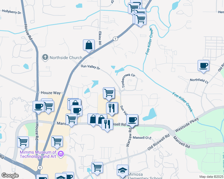 map of restaurants, bars, coffee shops, grocery stores, and more near 170 Finchley Drive in Roswell