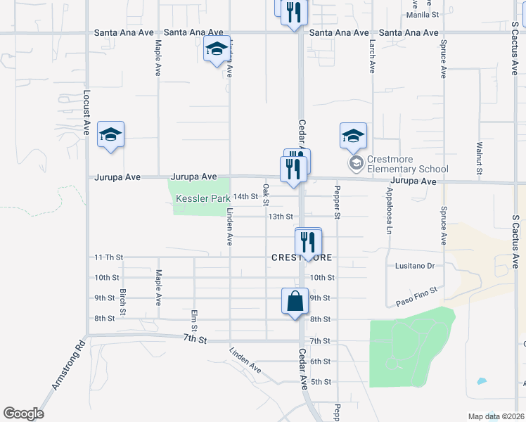 map of restaurants, bars, coffee shops, grocery stores, and more near 18582 13th Street in Bloomington