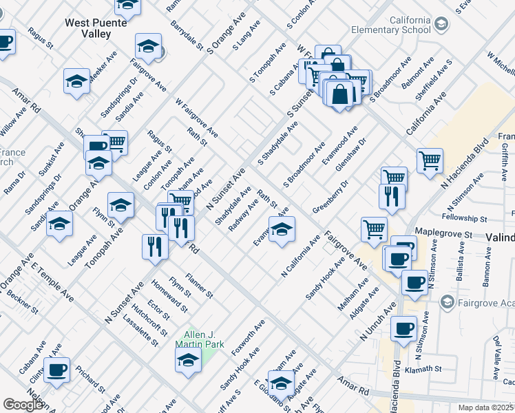 map of restaurants, bars, coffee shops, grocery stores, and more near 1126 Radway Ave in La Puente