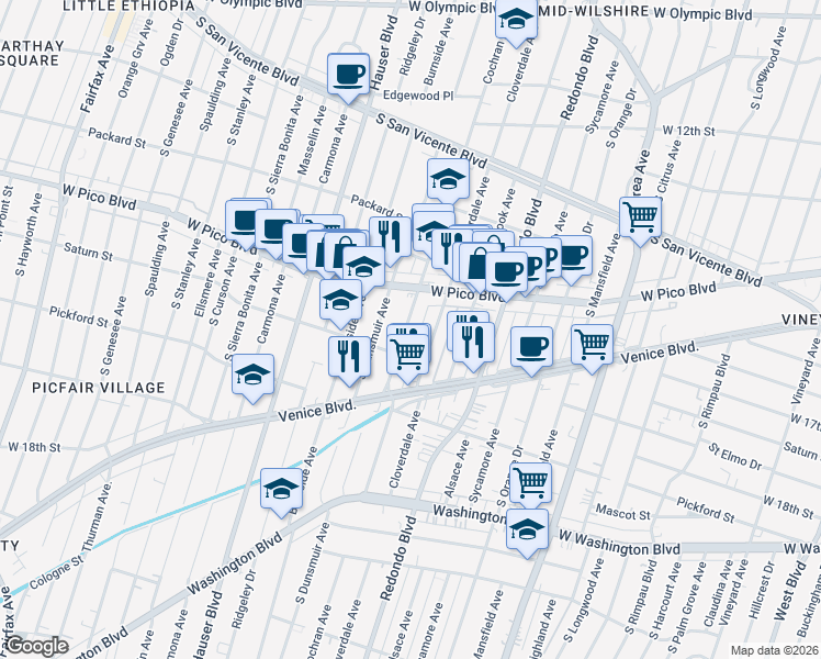map of restaurants, bars, coffee shops, grocery stores, and more near 1444 Cochran Avenue in Los Angeles