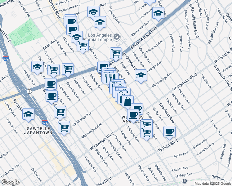 map of restaurants, bars, coffee shops, grocery stores, and more near 1990 Westwood Boulevard in Los Angeles