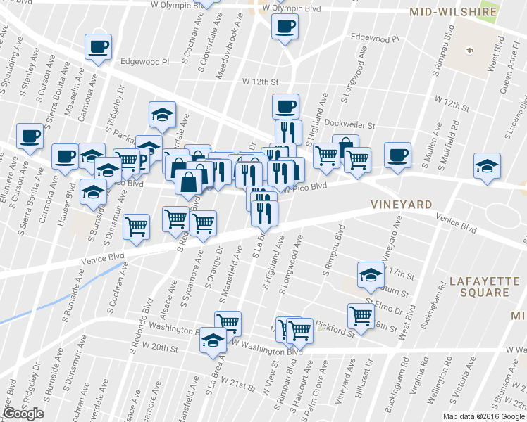map of restaurants, bars, coffee shops, grocery stores, and more near 1439 S La Brea Ave in Los Angeles